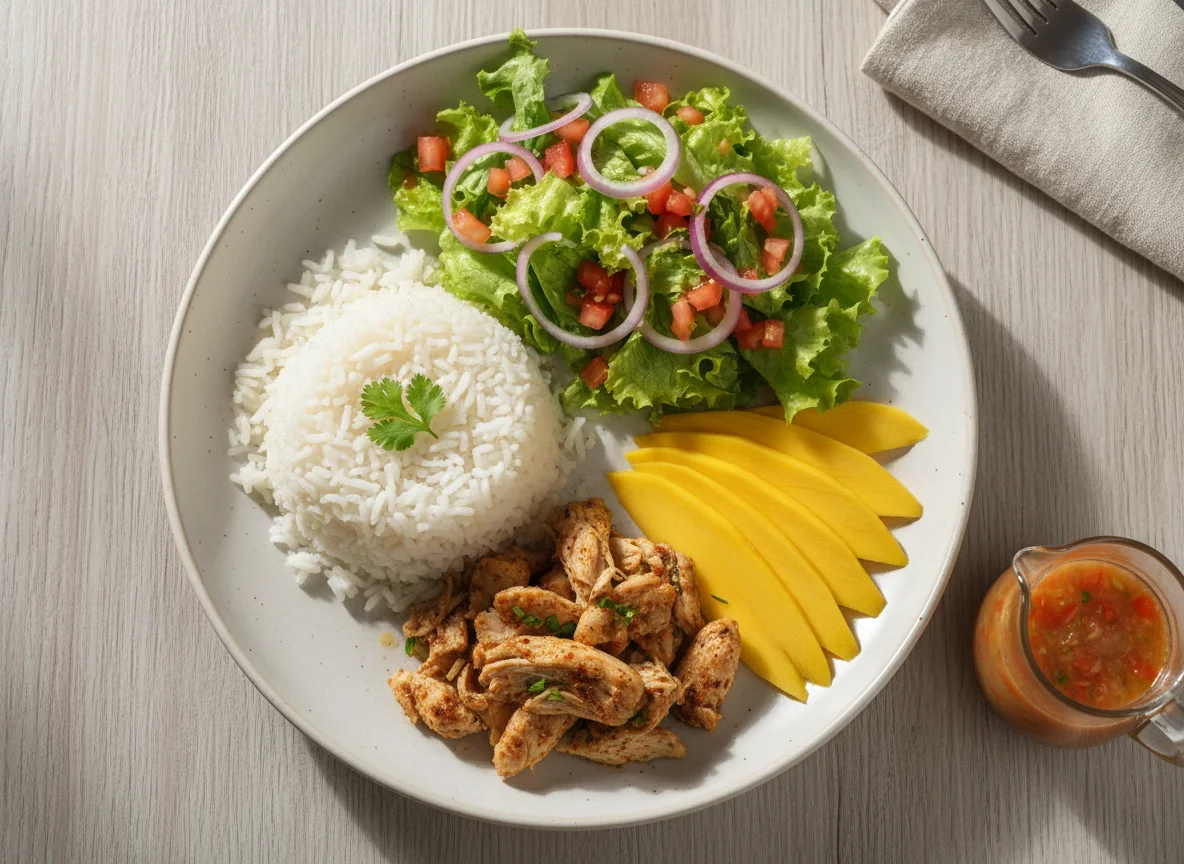 Frango com Arroz, Salada e Manga photo