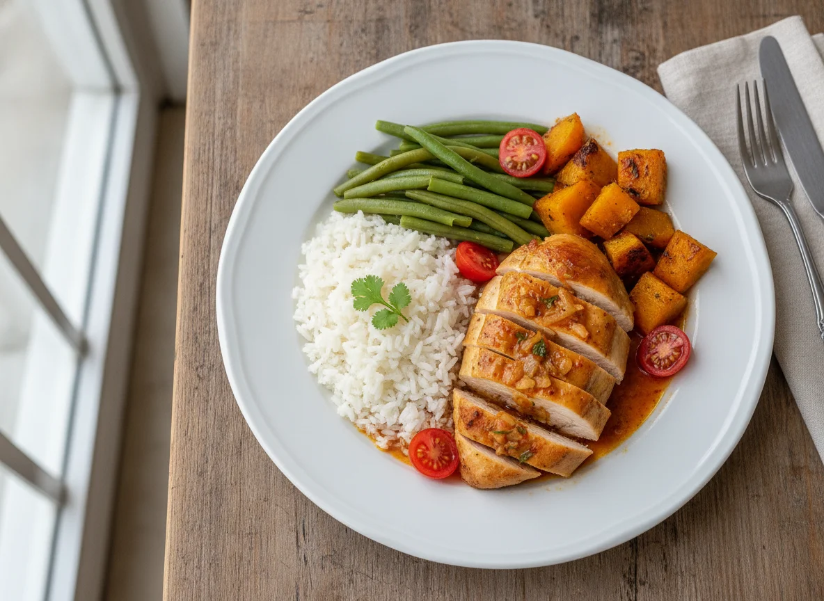 Frango com arroz, vagem e abóbora photo
