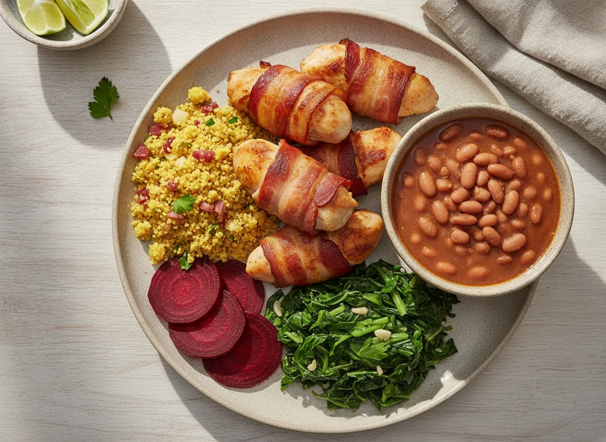 Frango com bacon, feijão, farofa e beterraba photo
