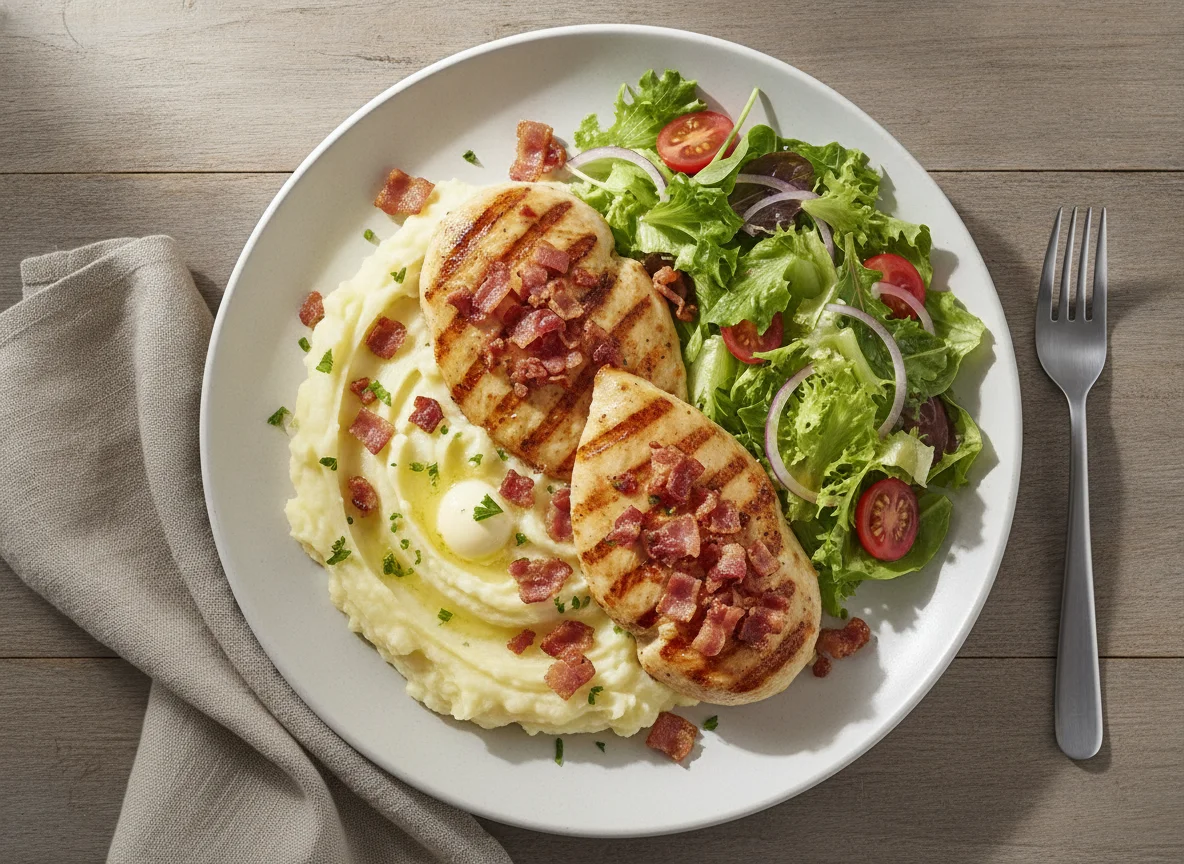 Frango com bacon, purê de batata e salada photo