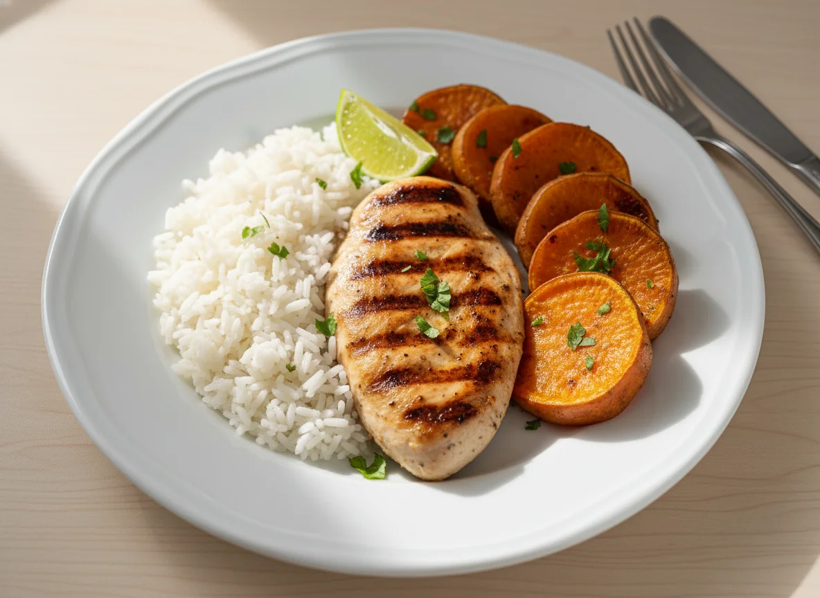 Frango com batata doce e arroz photo