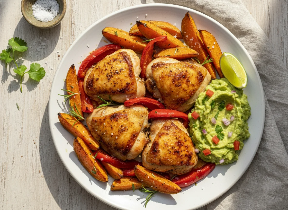 Frango com batata doce e guacamole photo