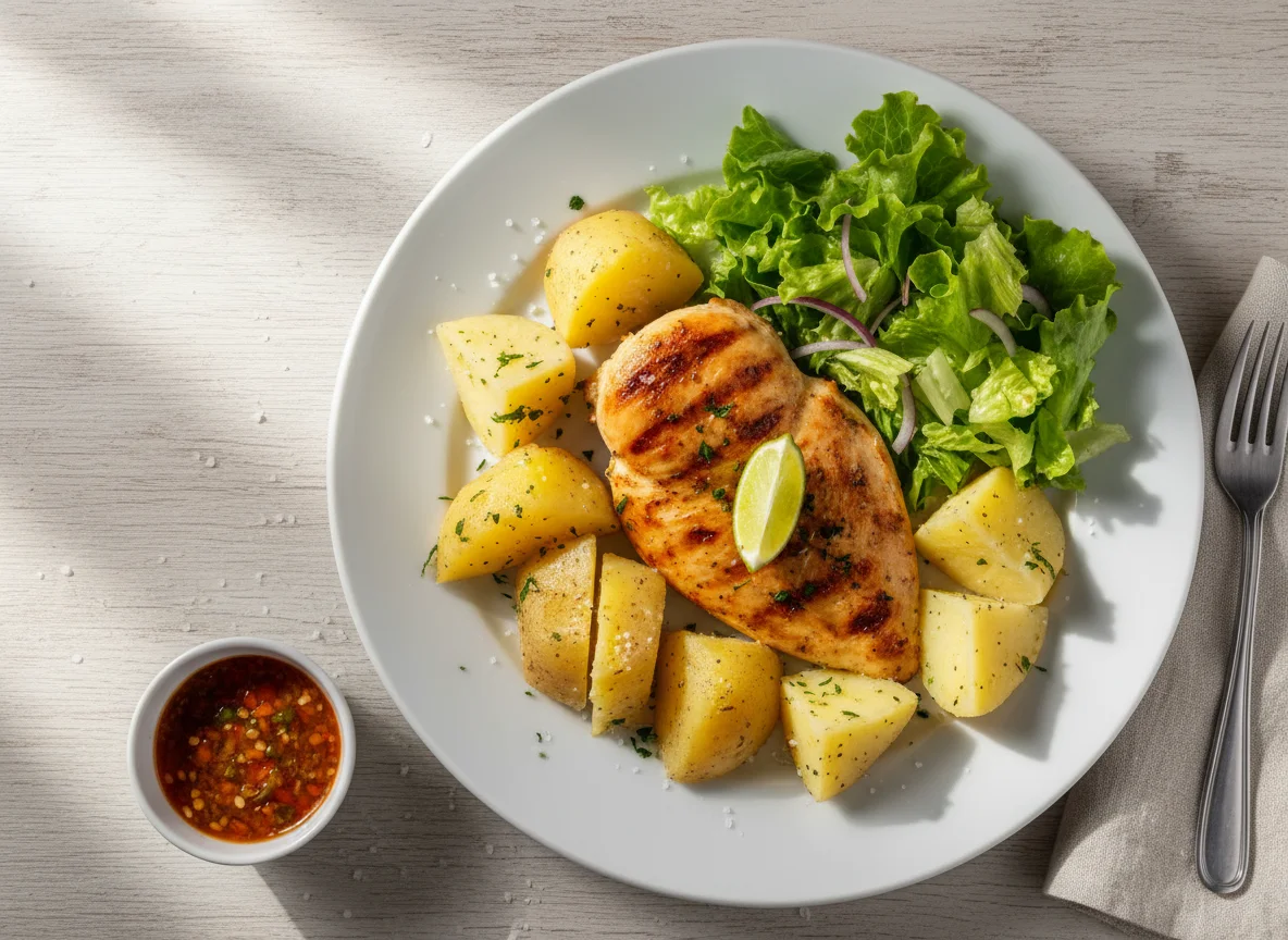 Frango com batata, mandioca e salada photo