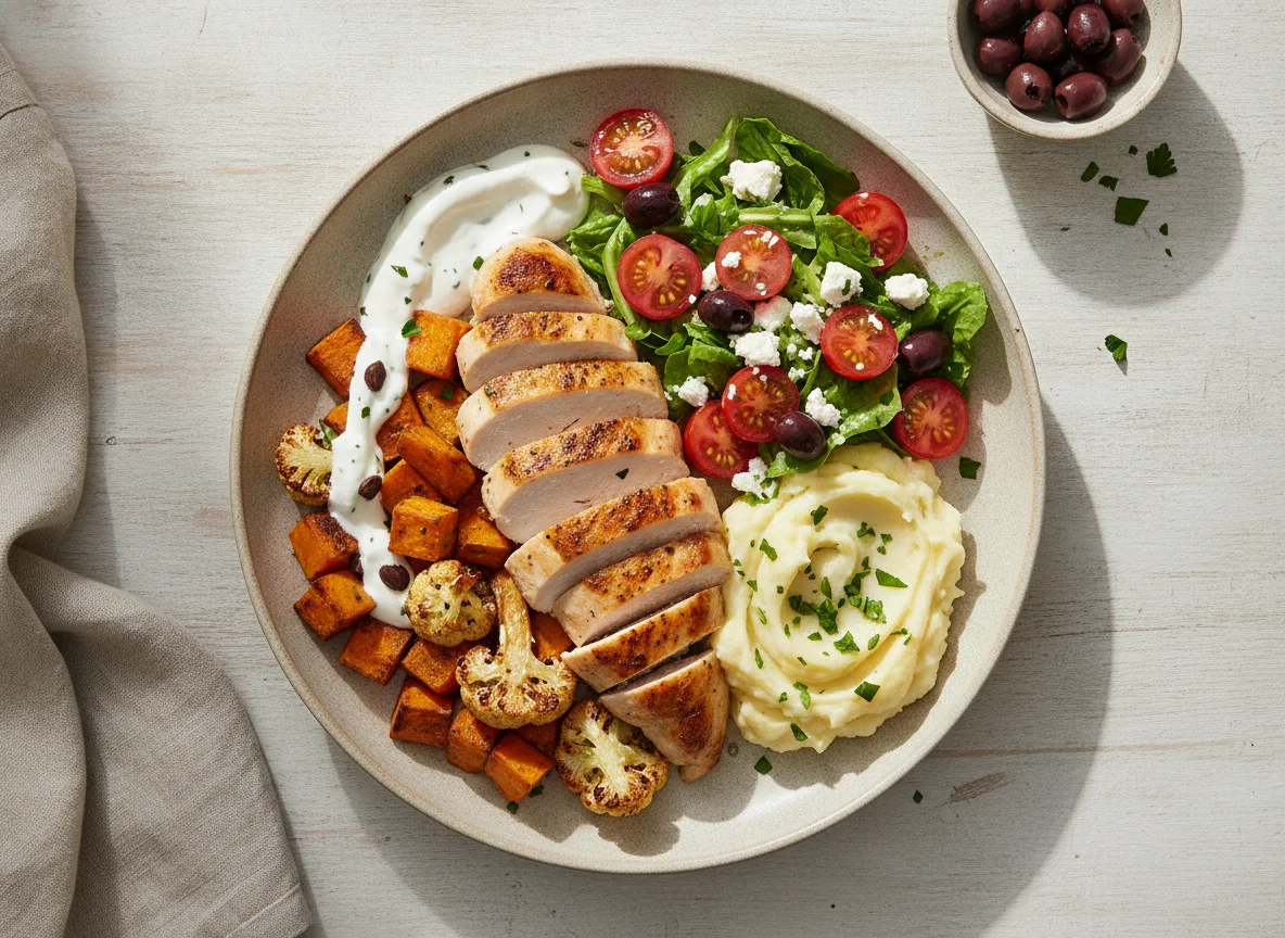 Frango com batata-doce, salada de tomate e puré photo