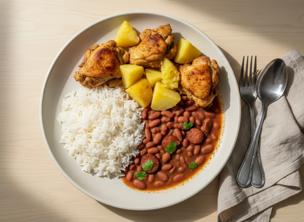 Frango com batatas, arroz e feijão photo