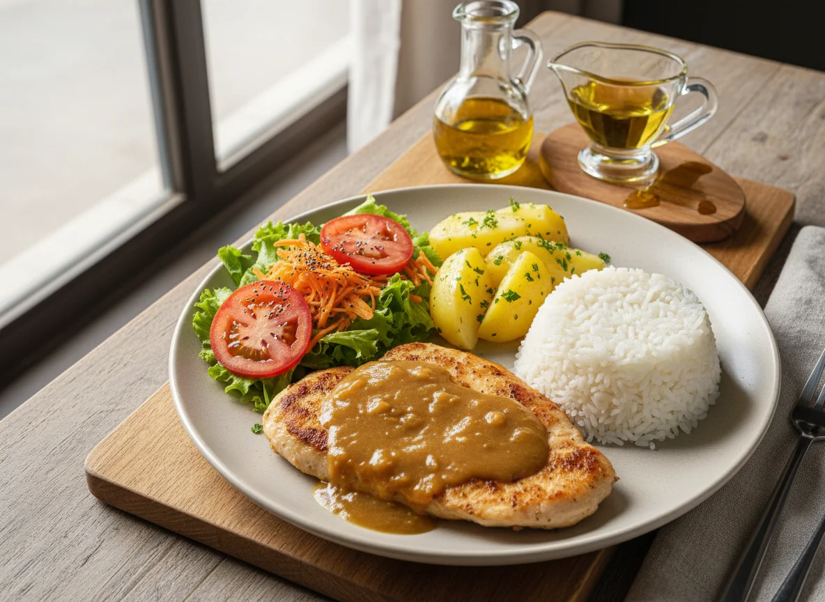 Frango com batatas, arroz e salada photo