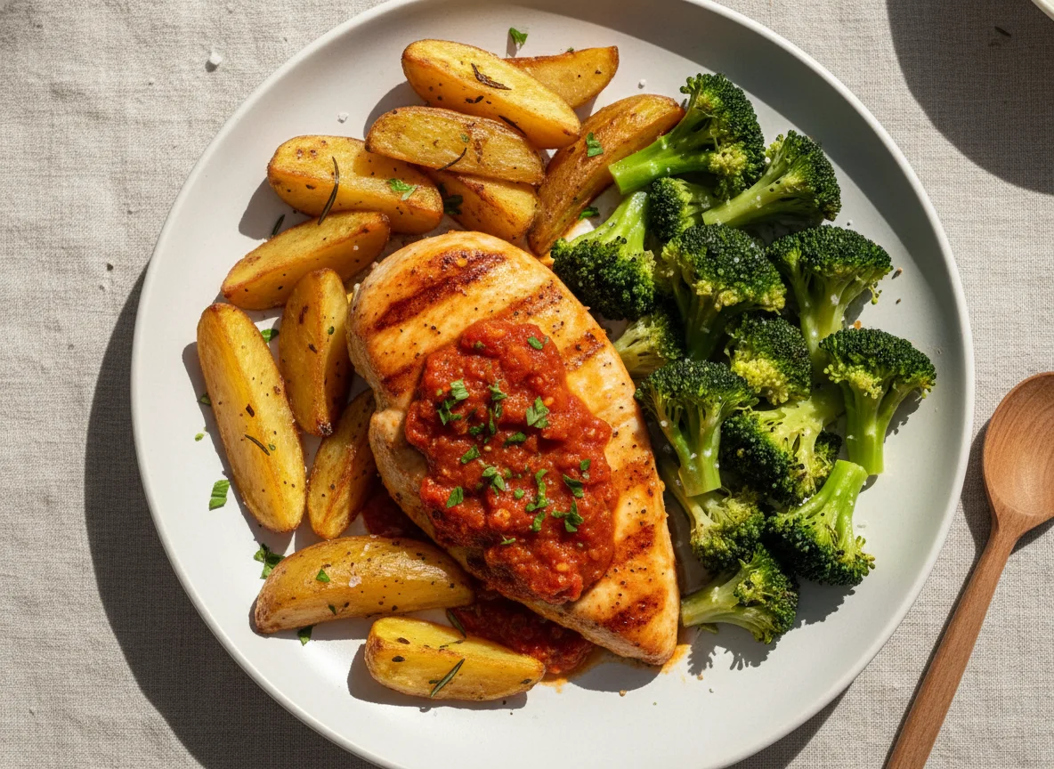 Frango com batatas assadas e brócolis photo