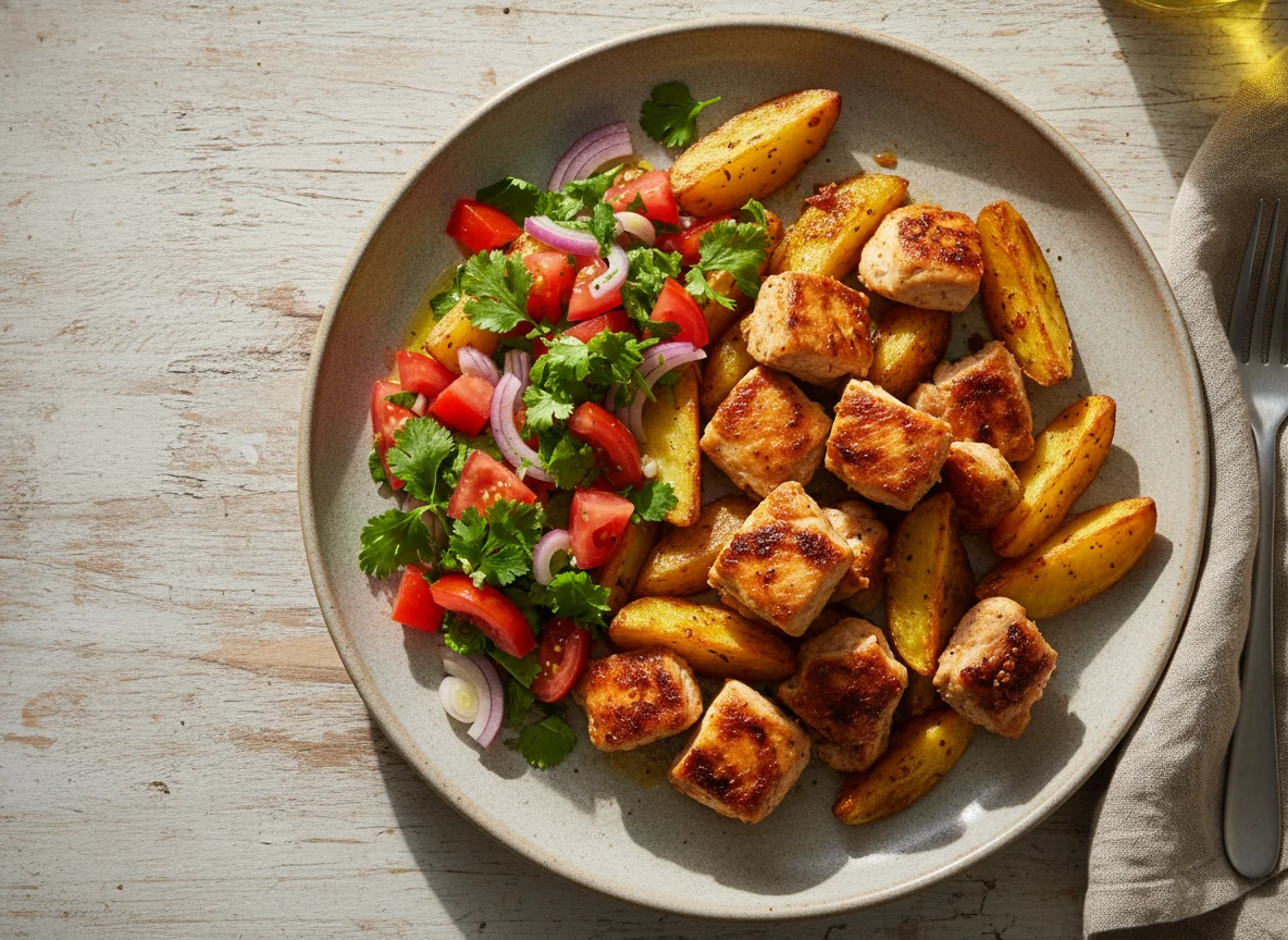 Frango com batatas assadas e salada de tomate photo