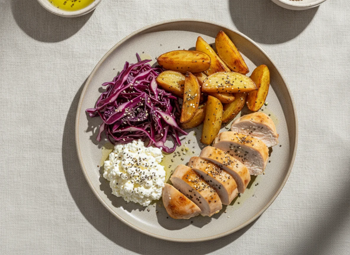 Frango com batatas assadas, repolho roxo e queijo cottage photo