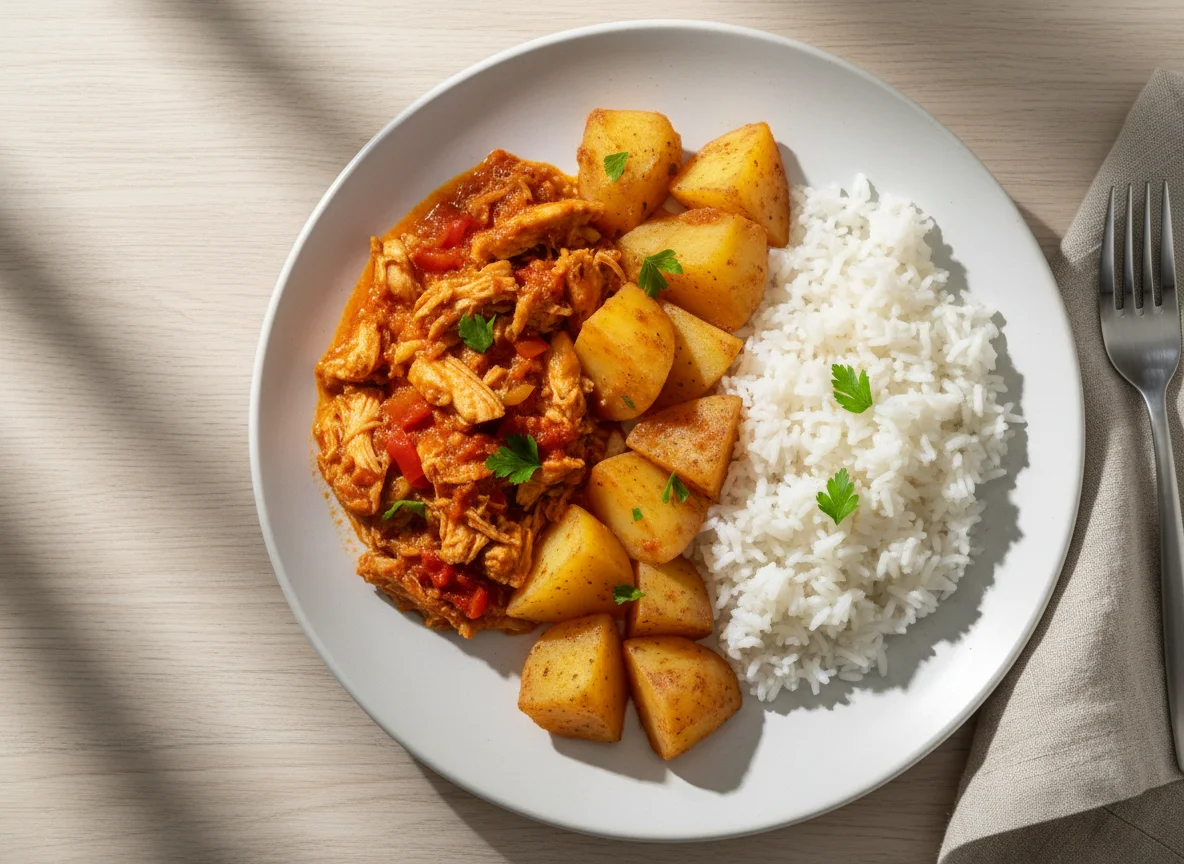 Frango com batatas e arroz photo