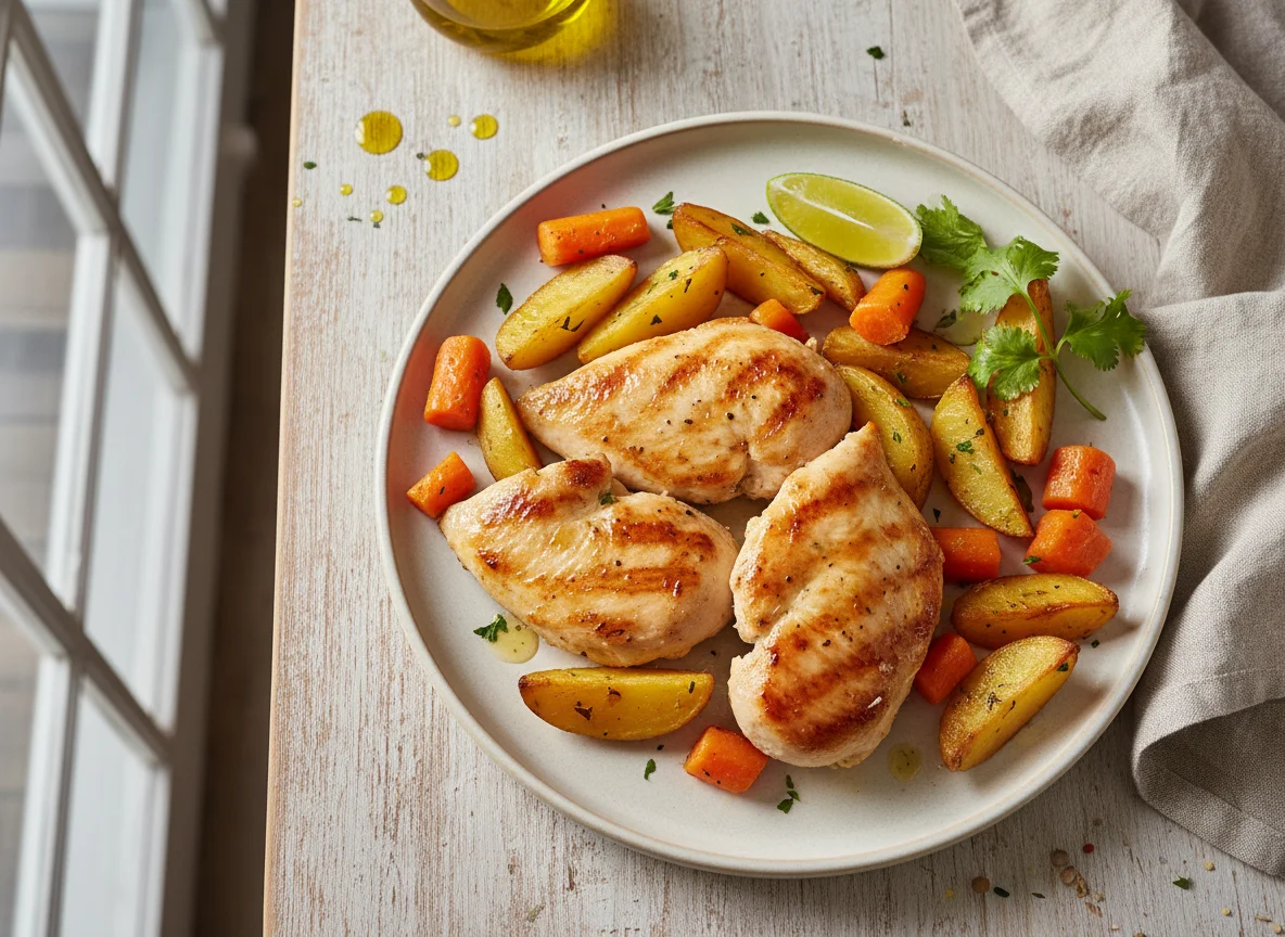 Frango com batatas e cenoura photo