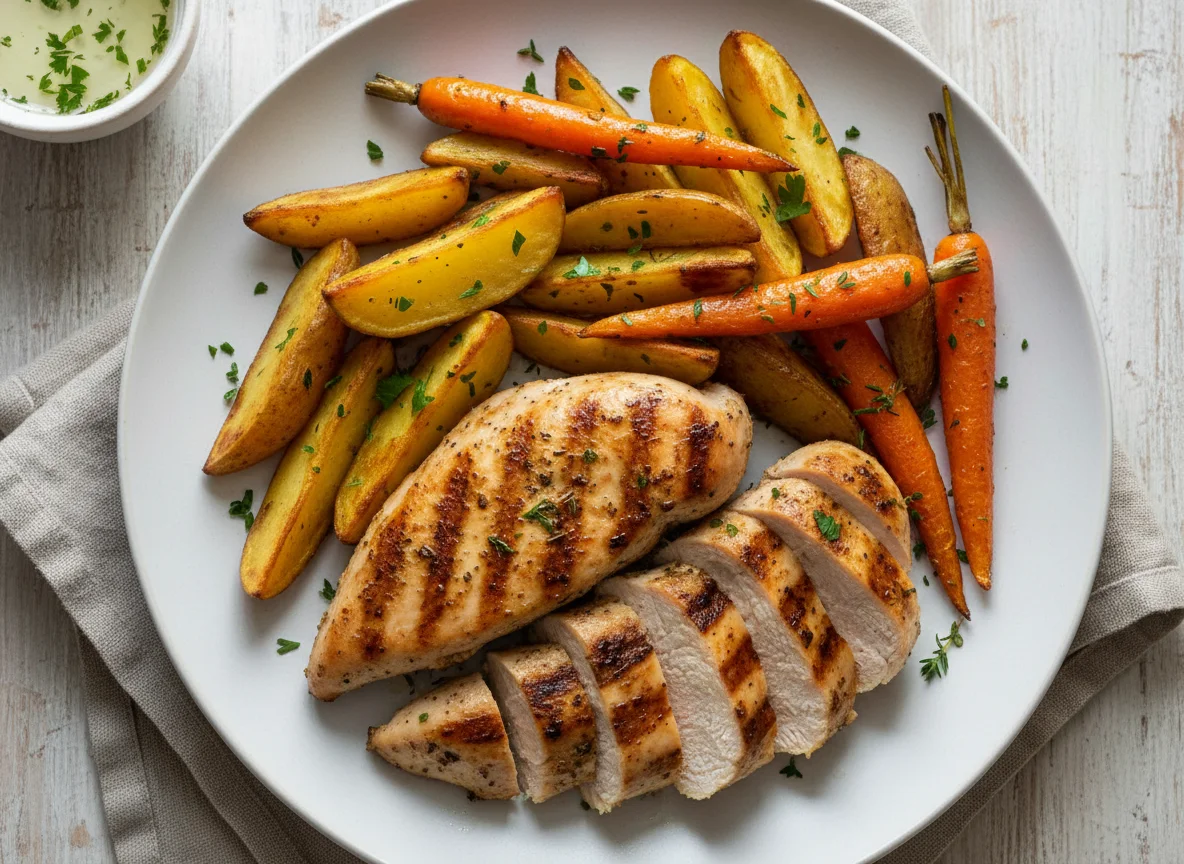 Frango com batatas e cenouras assadas photo