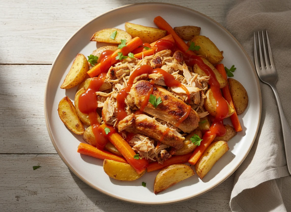 Frango com batatas e cenouras assadas com molho photo