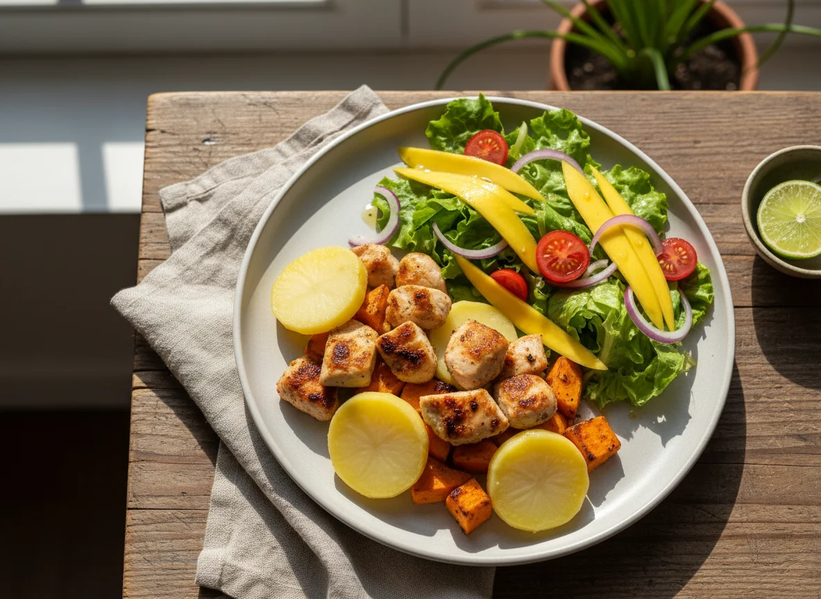 Frango com batatas e salada de manga photo