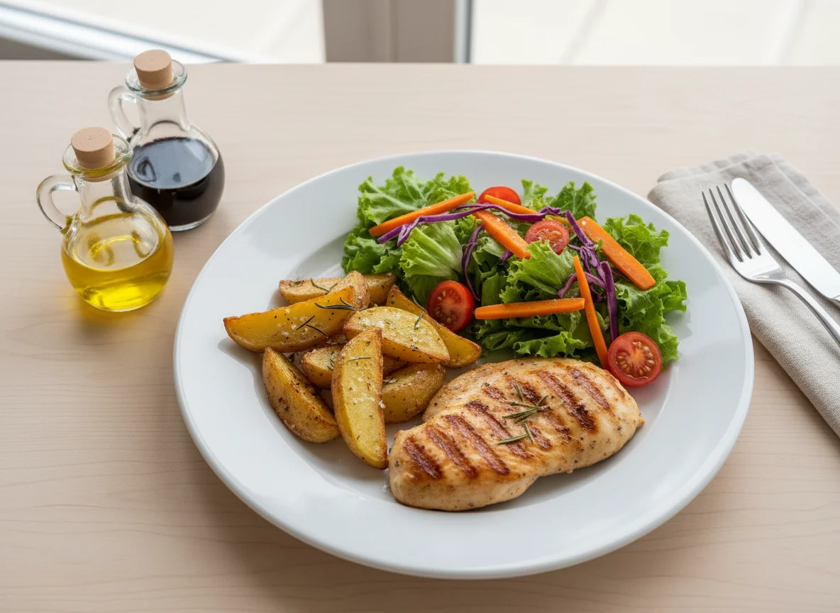 Frango com batatas e salada photo