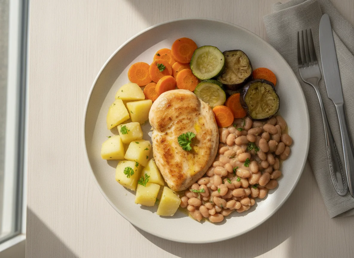 Frango com batatas, feijão e legumes photo