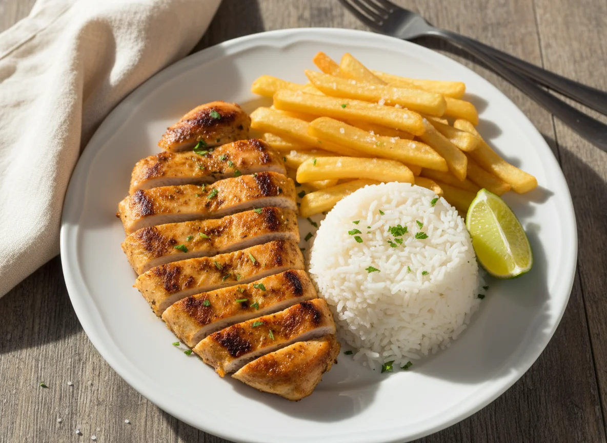 Frango com batatas fritas e arroz photo