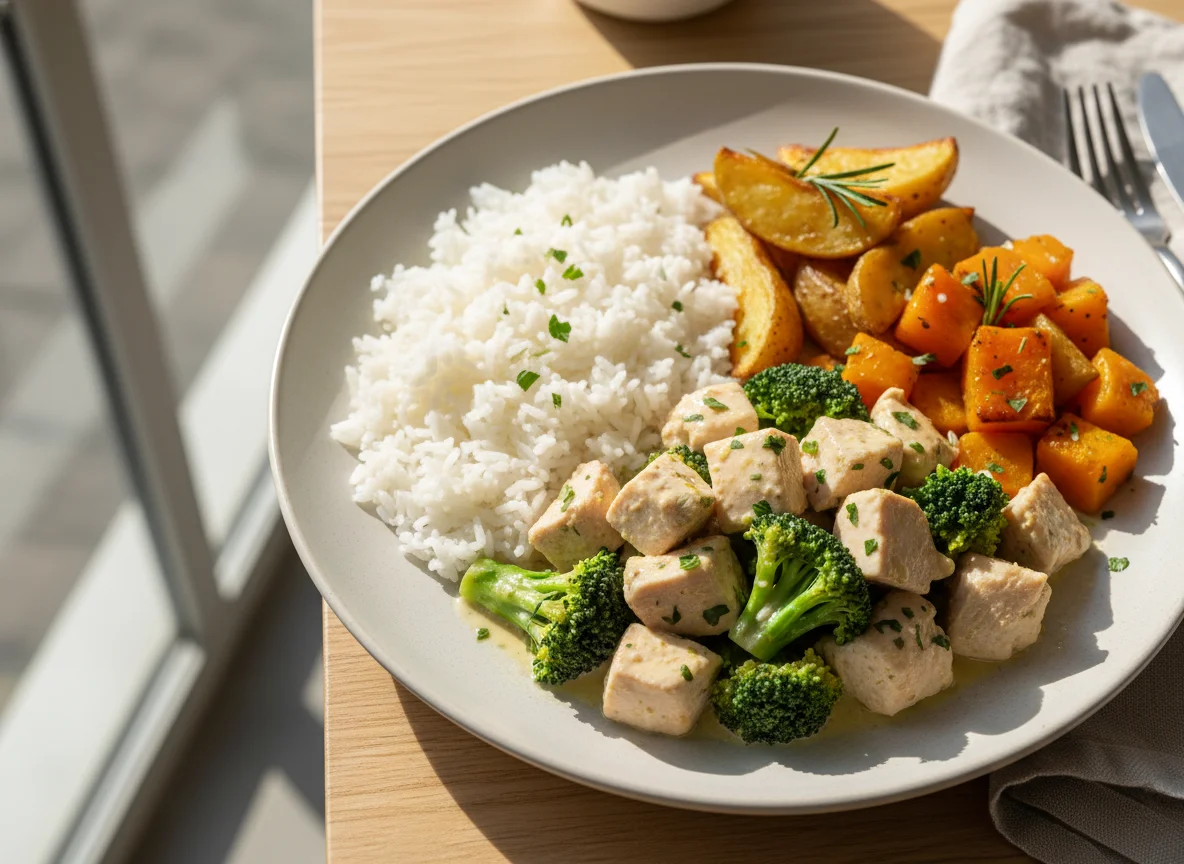 Frango com brócolis, arroz, batatas assadas e abóbora assada photo
