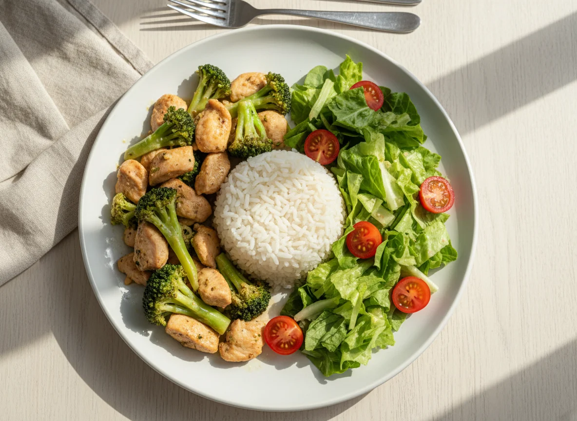 Frango com brócolis, arroz e salada photo