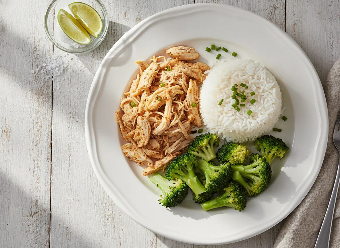 Frango com brócolis e arroz photo