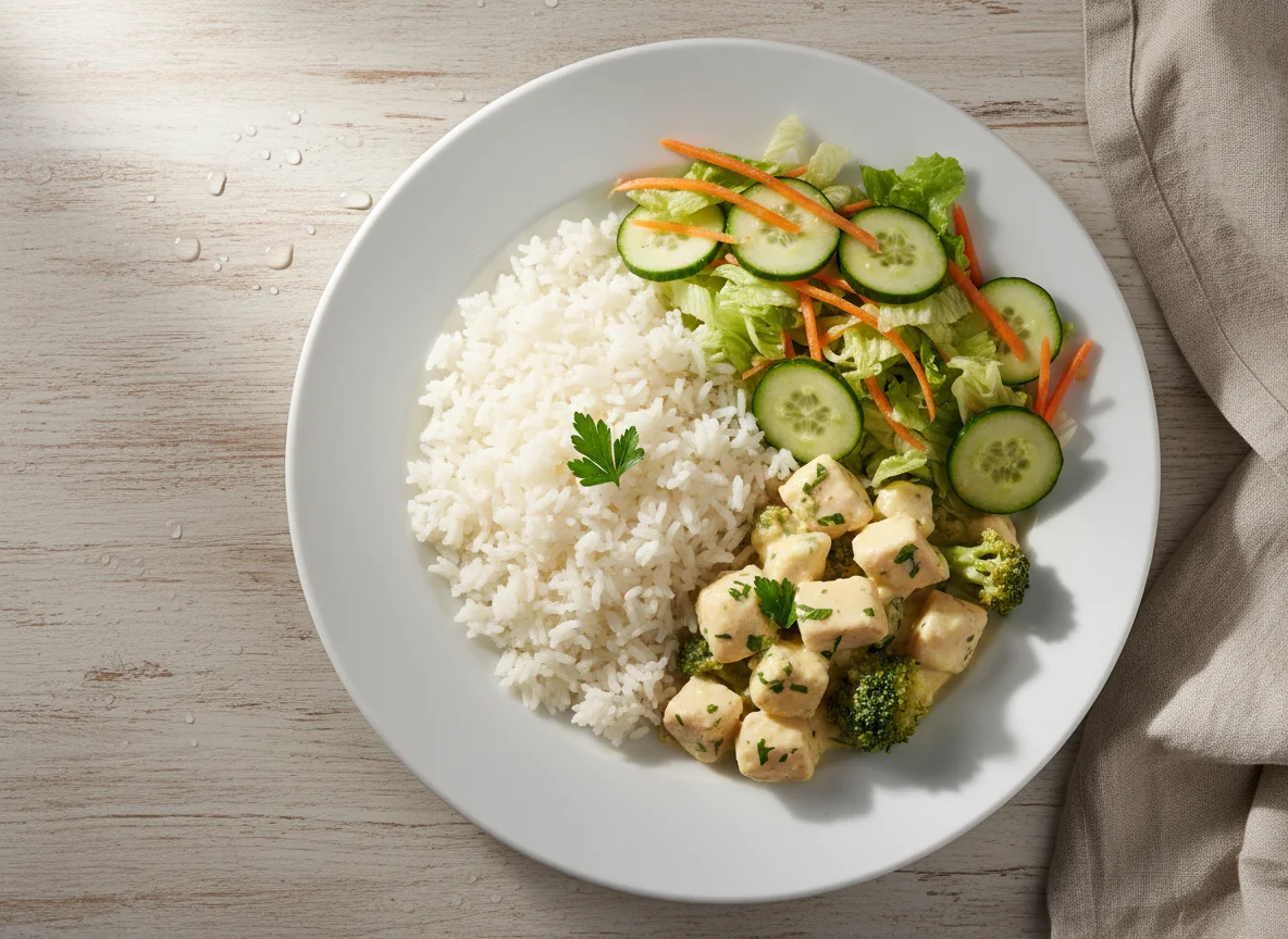 Frango com brócolis e arroz com salada photo