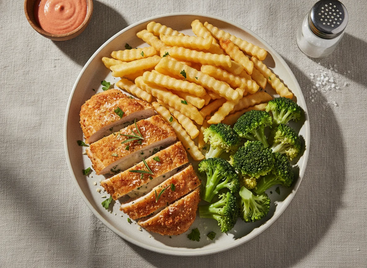 Frango com brócolis e batatas fritas photo