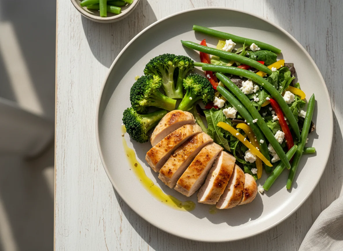 Frango com Brócolis e Salada de Feijão Verde photo