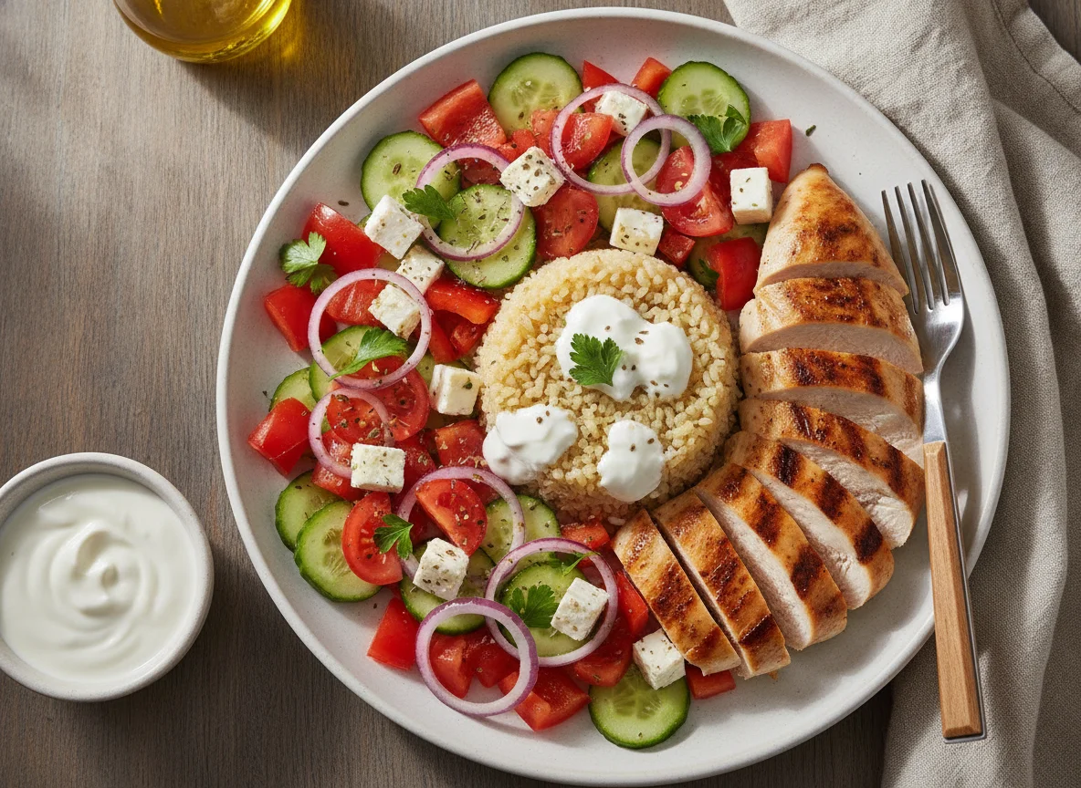 Frango com Bulgur e Salada Grega photo