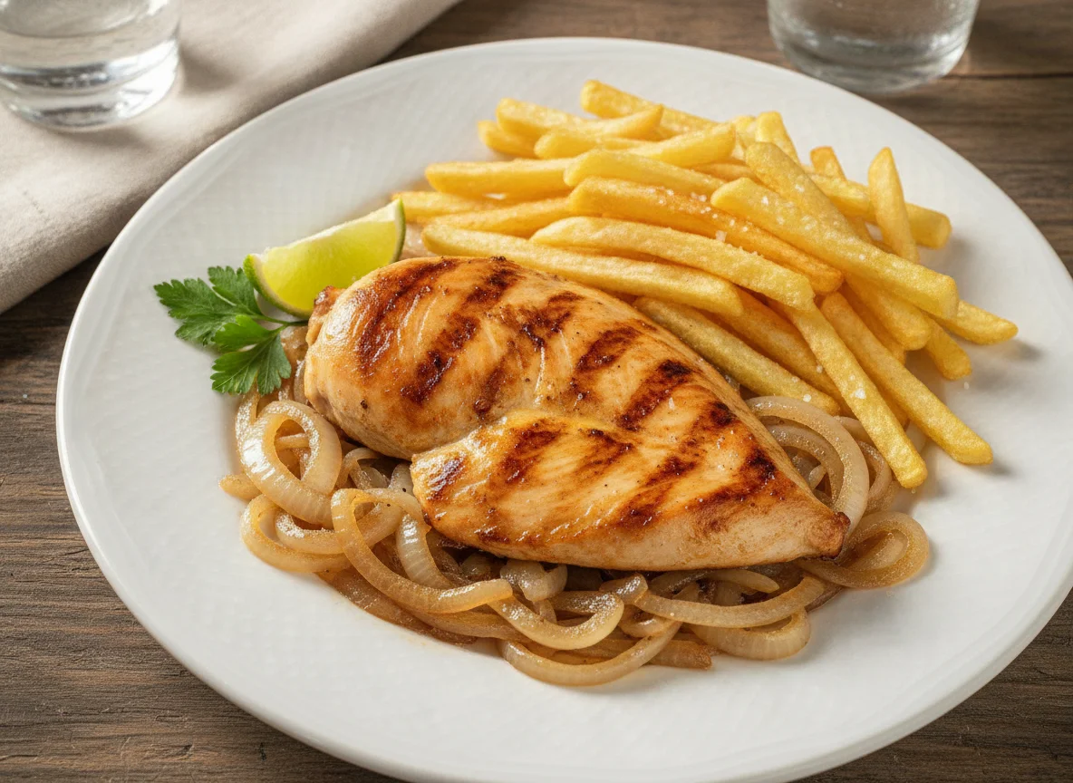 Frango com cebola e batatas fritas photo