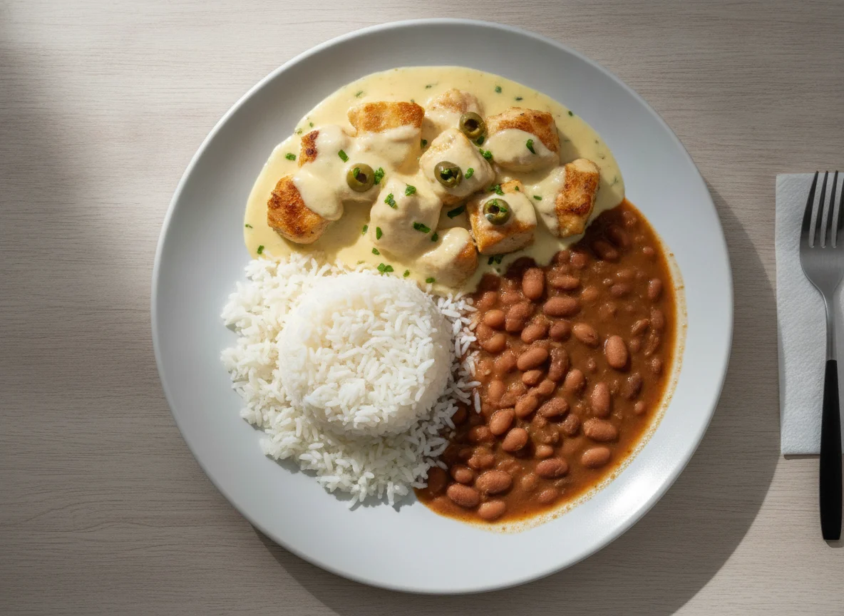 Frango com creme, arroz e feijão photo