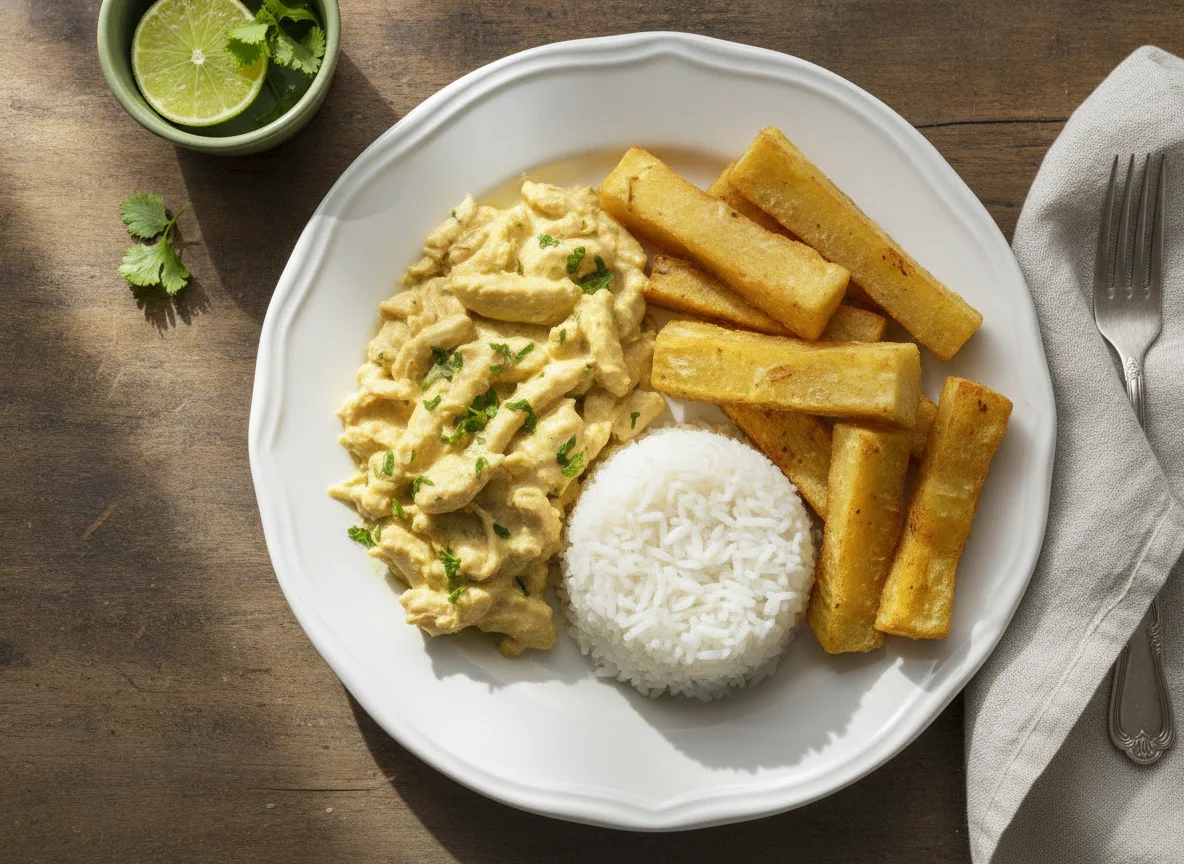 Frango com creme, arroz e mandioca frita photo