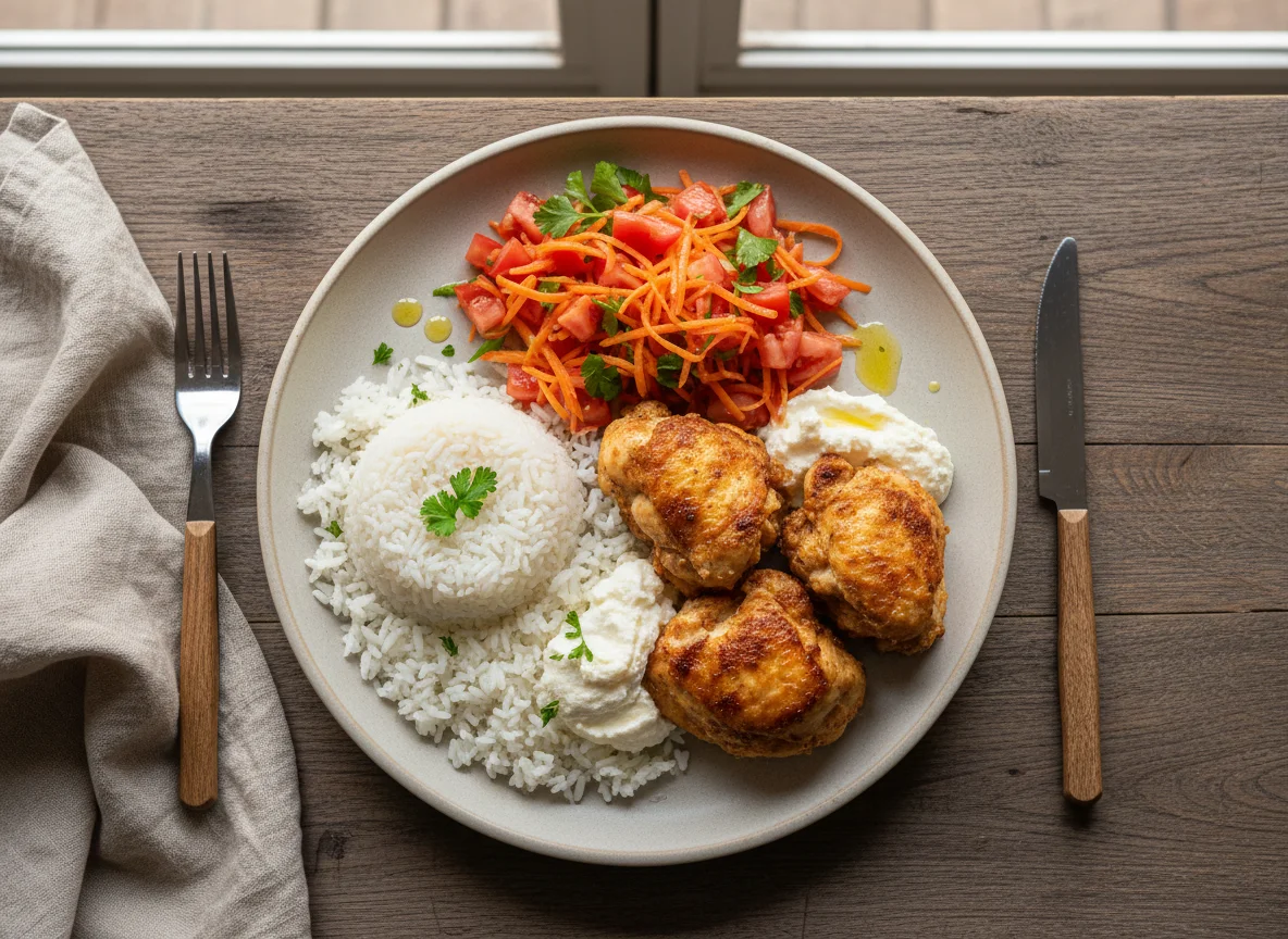 Frango com creme de ricota, arroz e salada photo