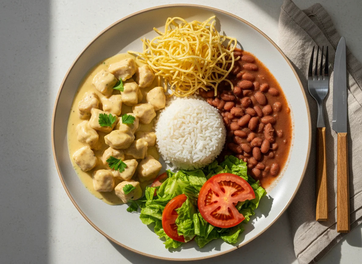 Frango com creme, feijão, arroz, batata palha e salada photo
