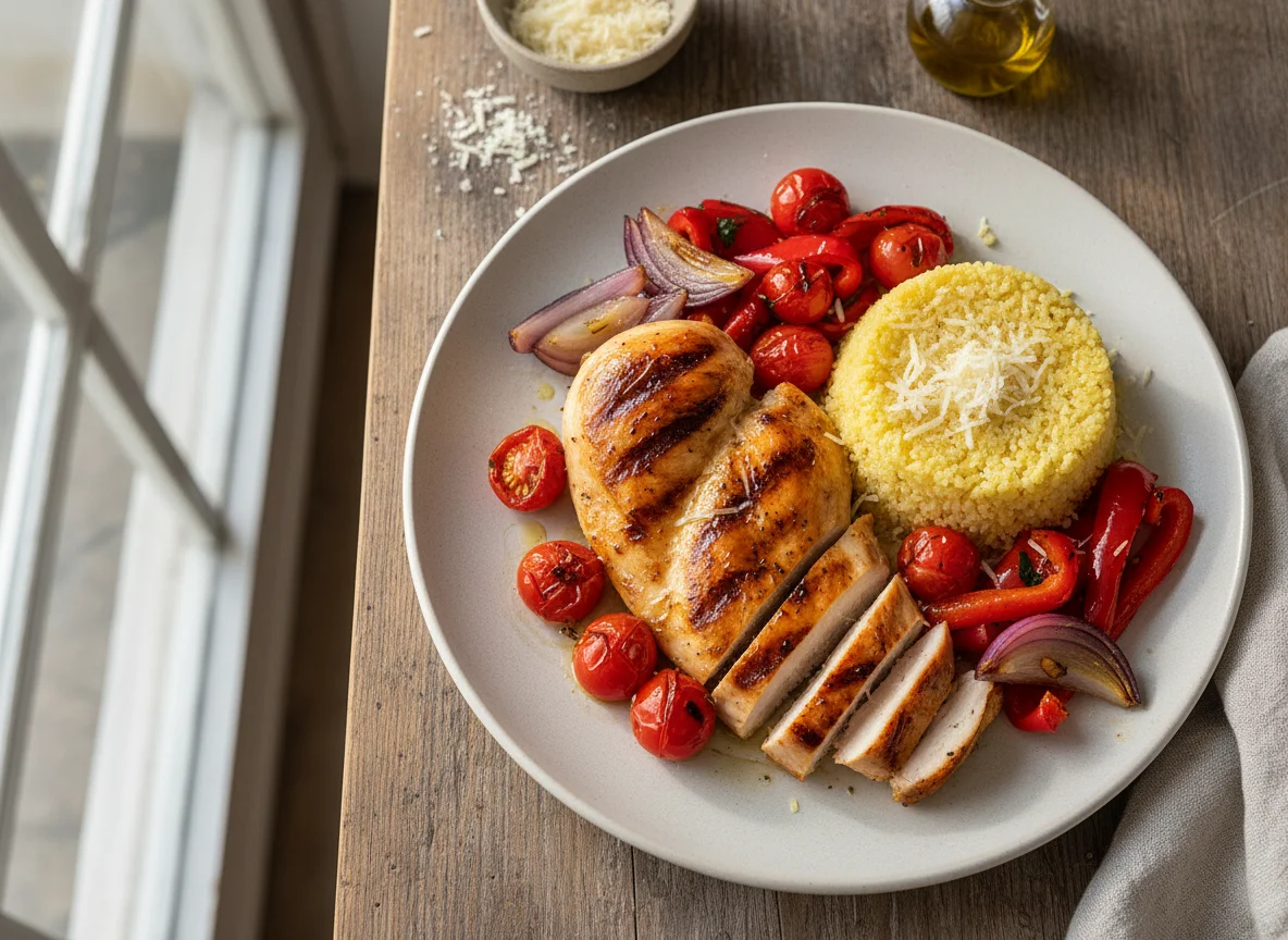 Frango com cuscuz, tomate cereja e legumes photo