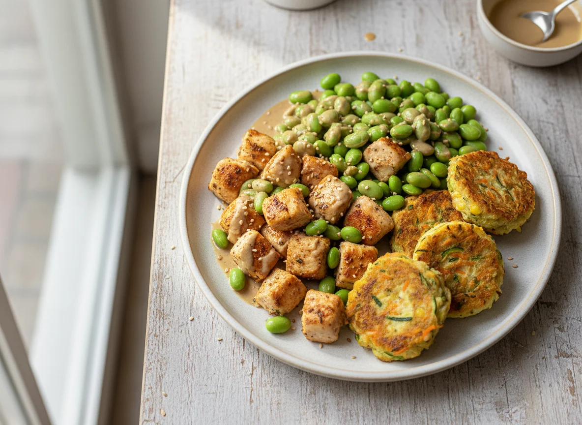 Frango com edamame e bolinhos de legumes photo
