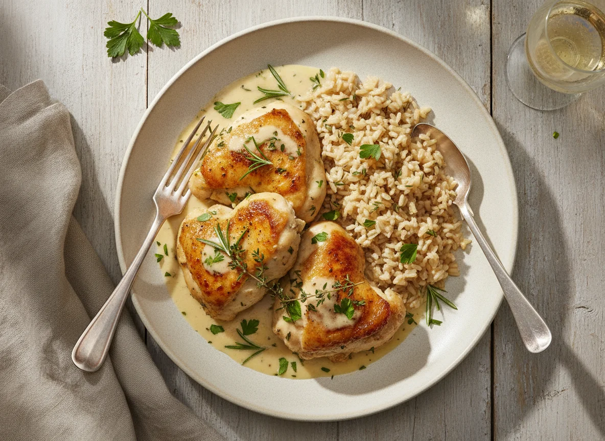 Frango com Ervas e Molho Champagne com Arroz Integral photo