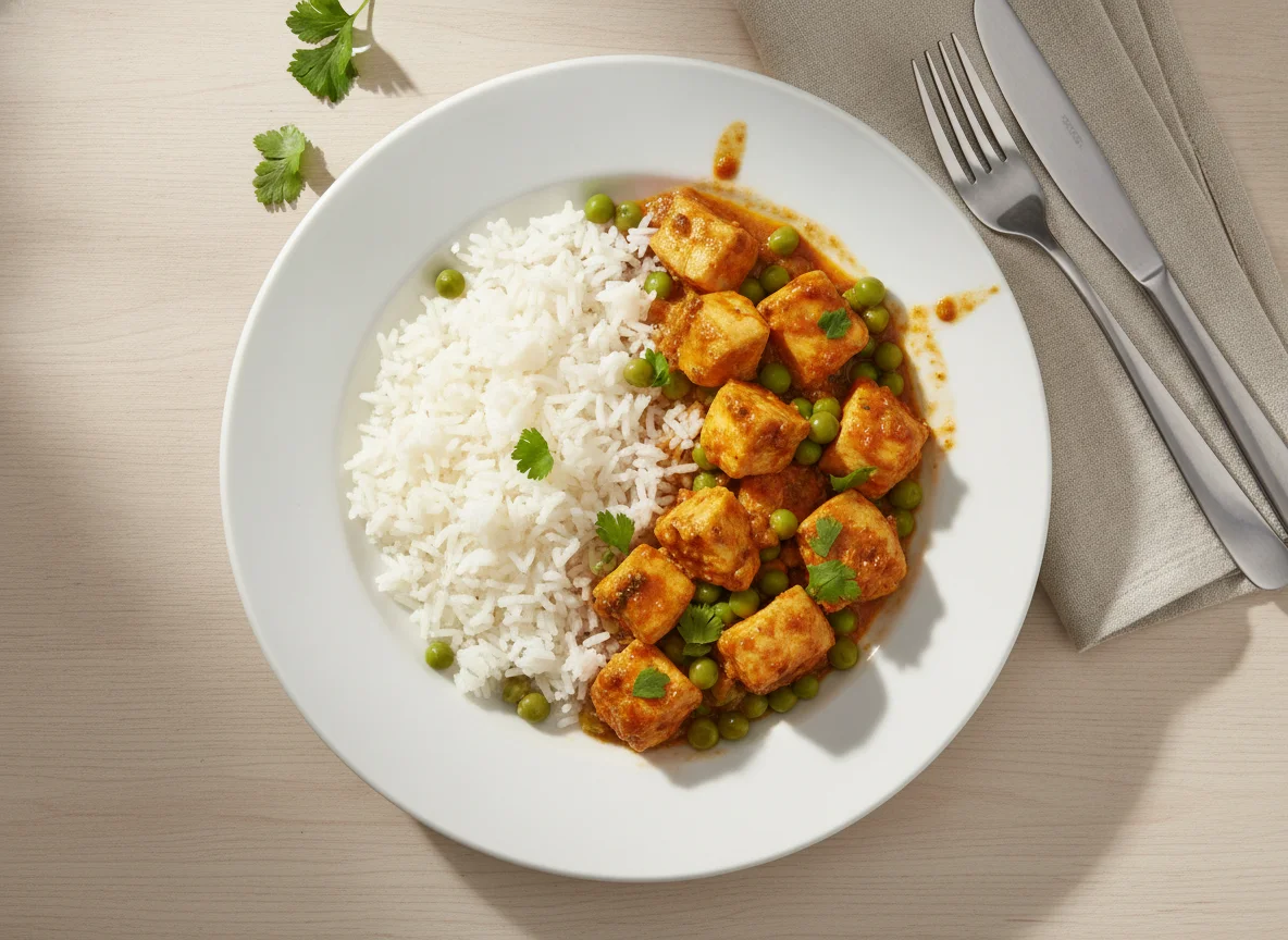Frango com ervilhas e arroz branco photo