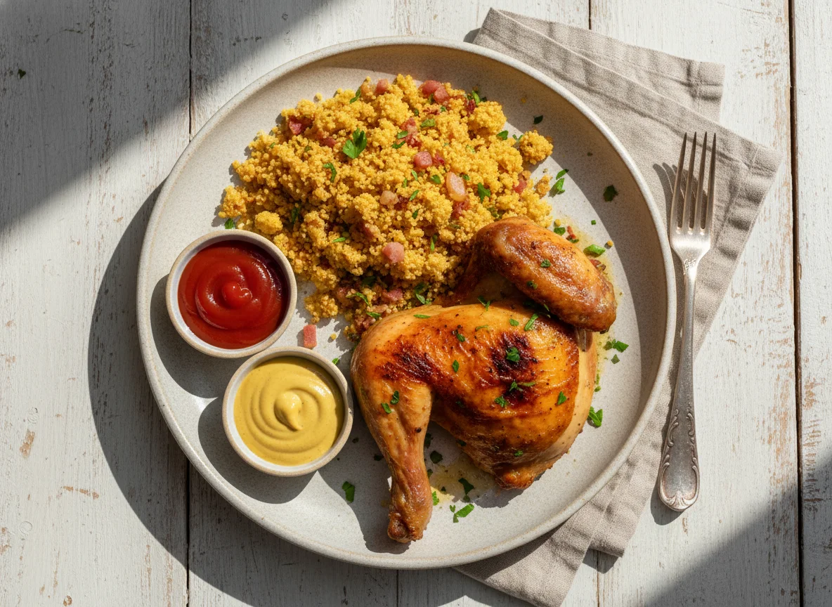 Frango com farofa e molhos photo