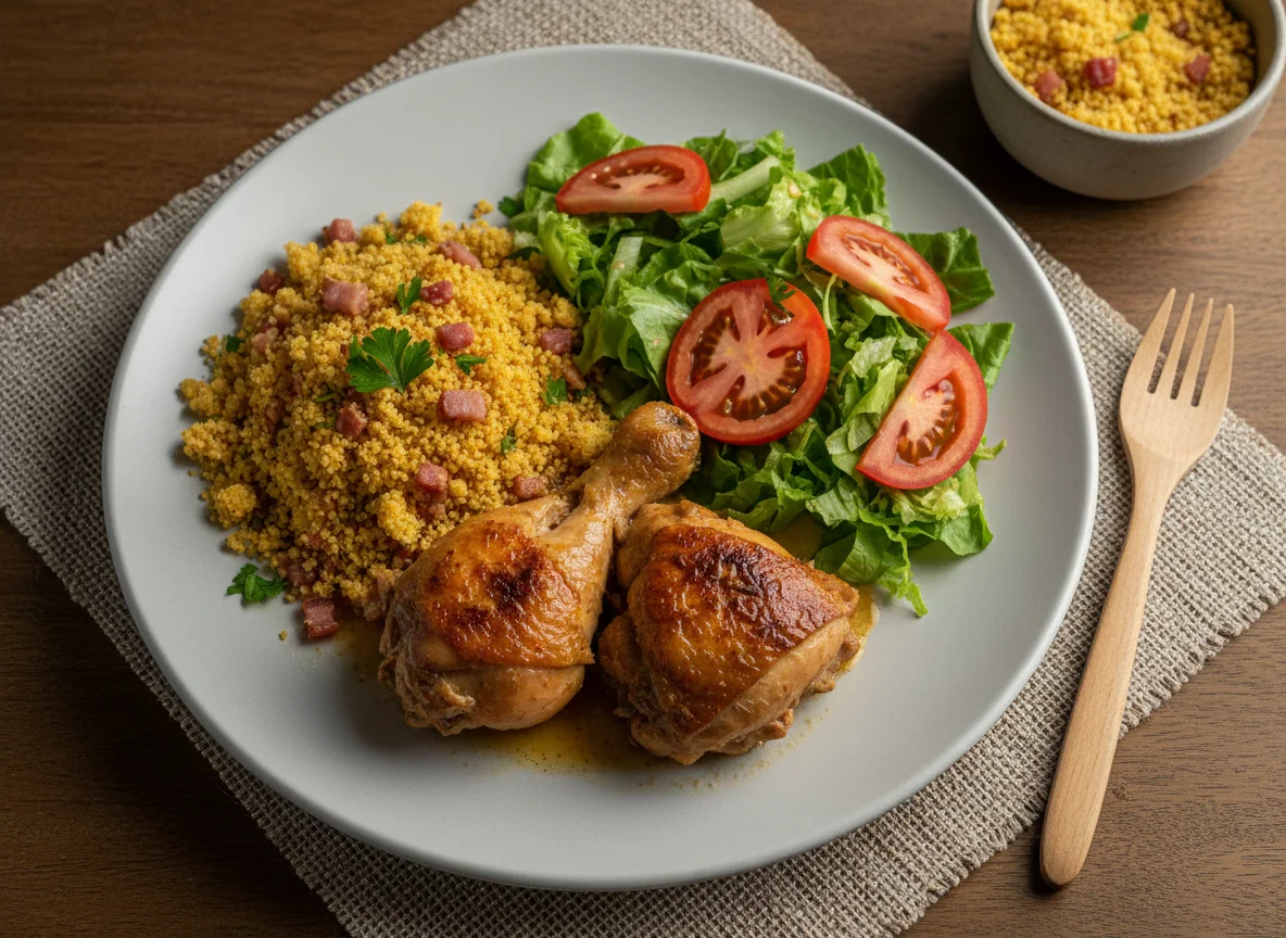 Frango com farofa e salada photo