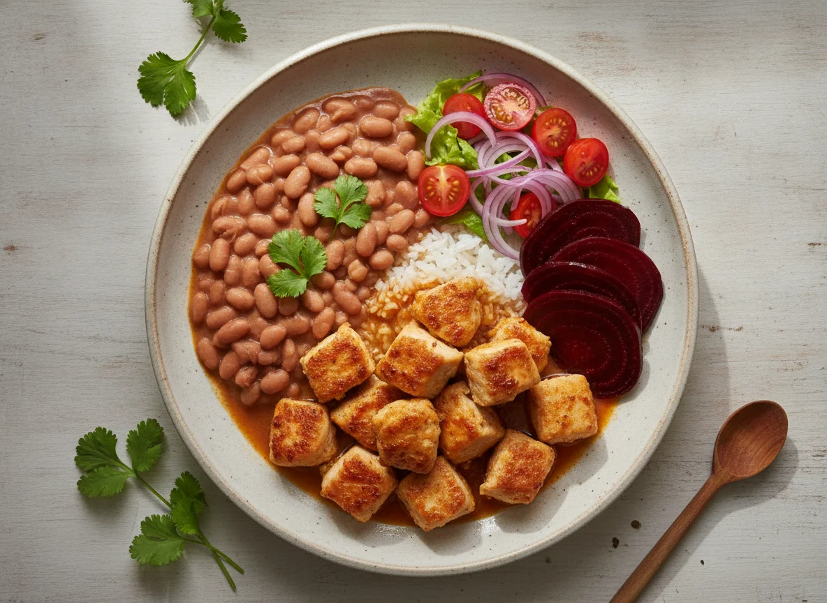 Frango com feijão, beterraba e salada photo