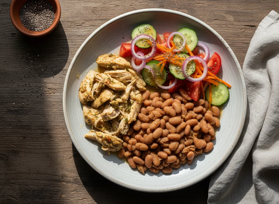 Frango com feijão e salada photo