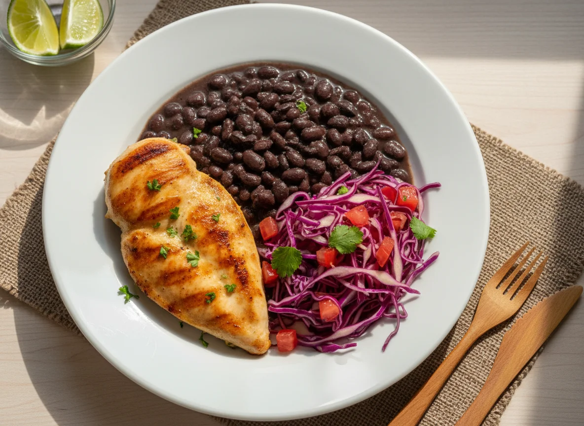 Frango com feijão preto e salada de repolho roxo photo