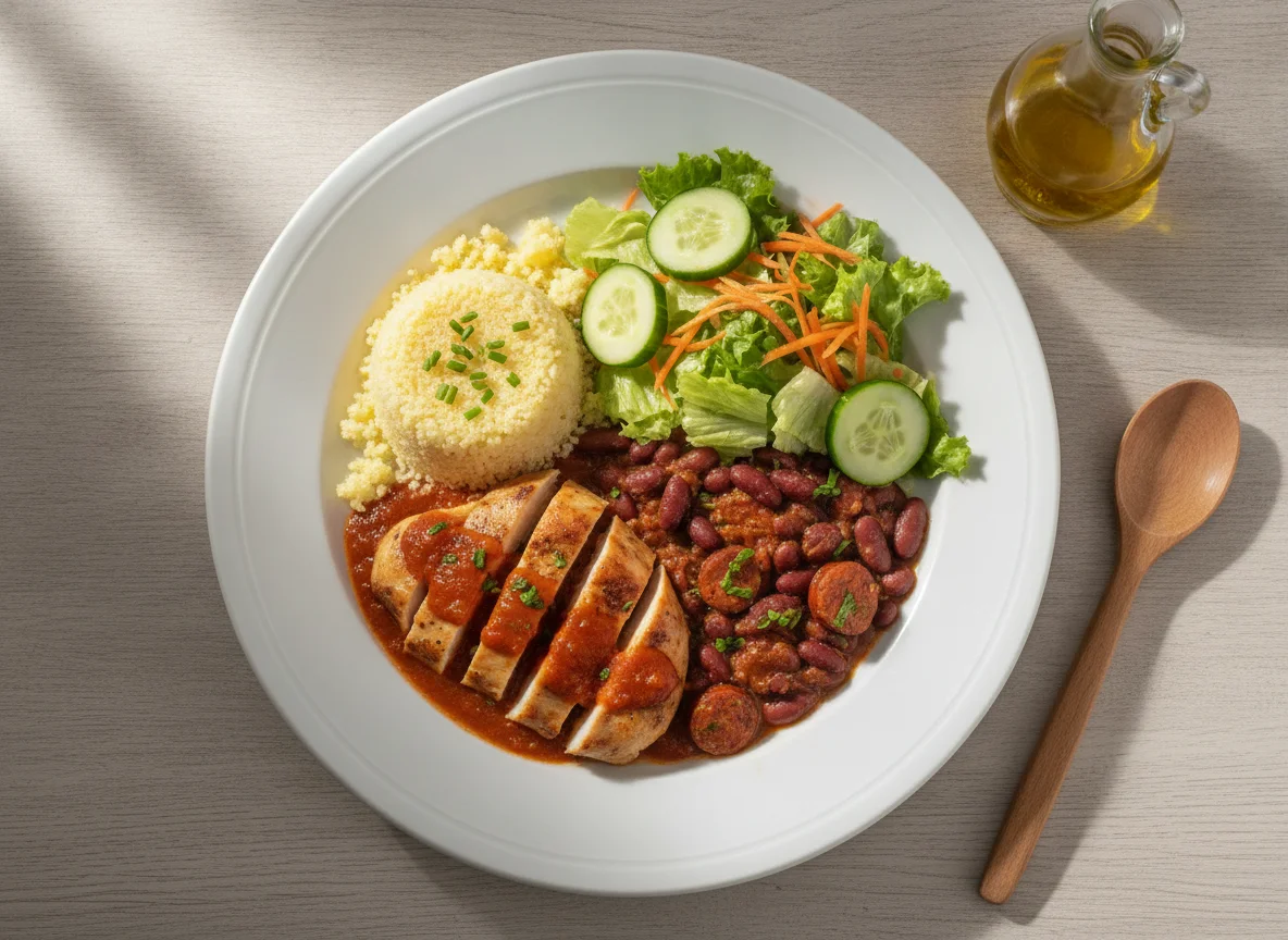 Frango com feijão vermelho, cuscuz e salada mista photo