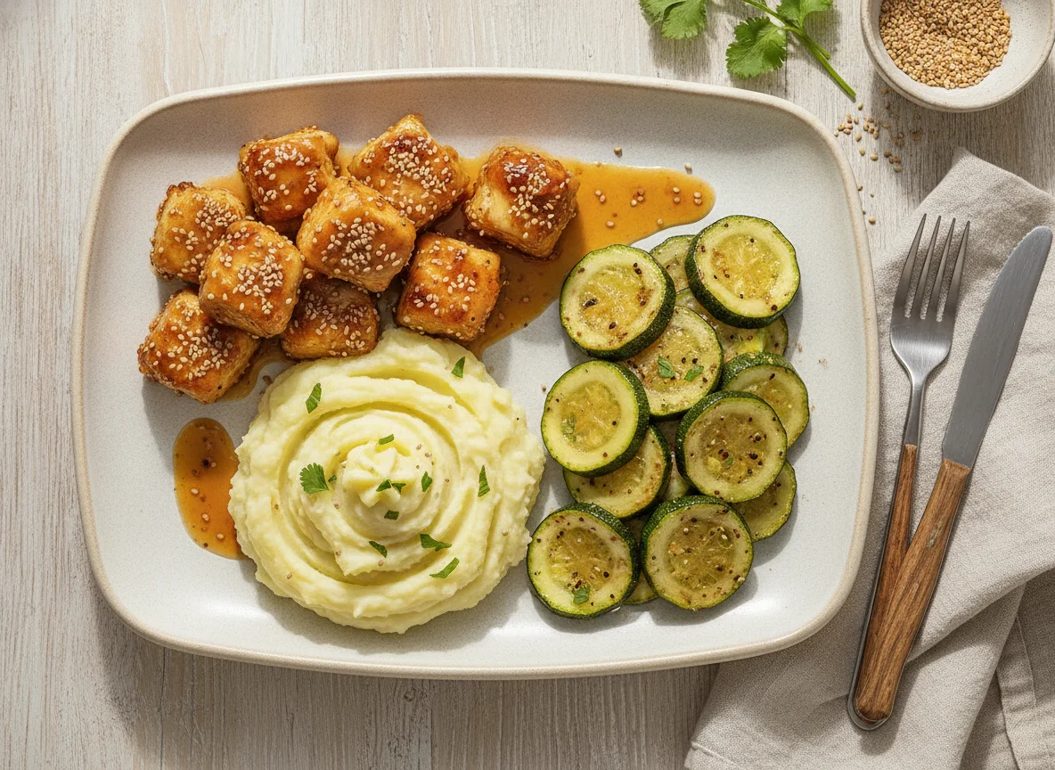 Frango com gergelim, abobrinha e purê de batata photo