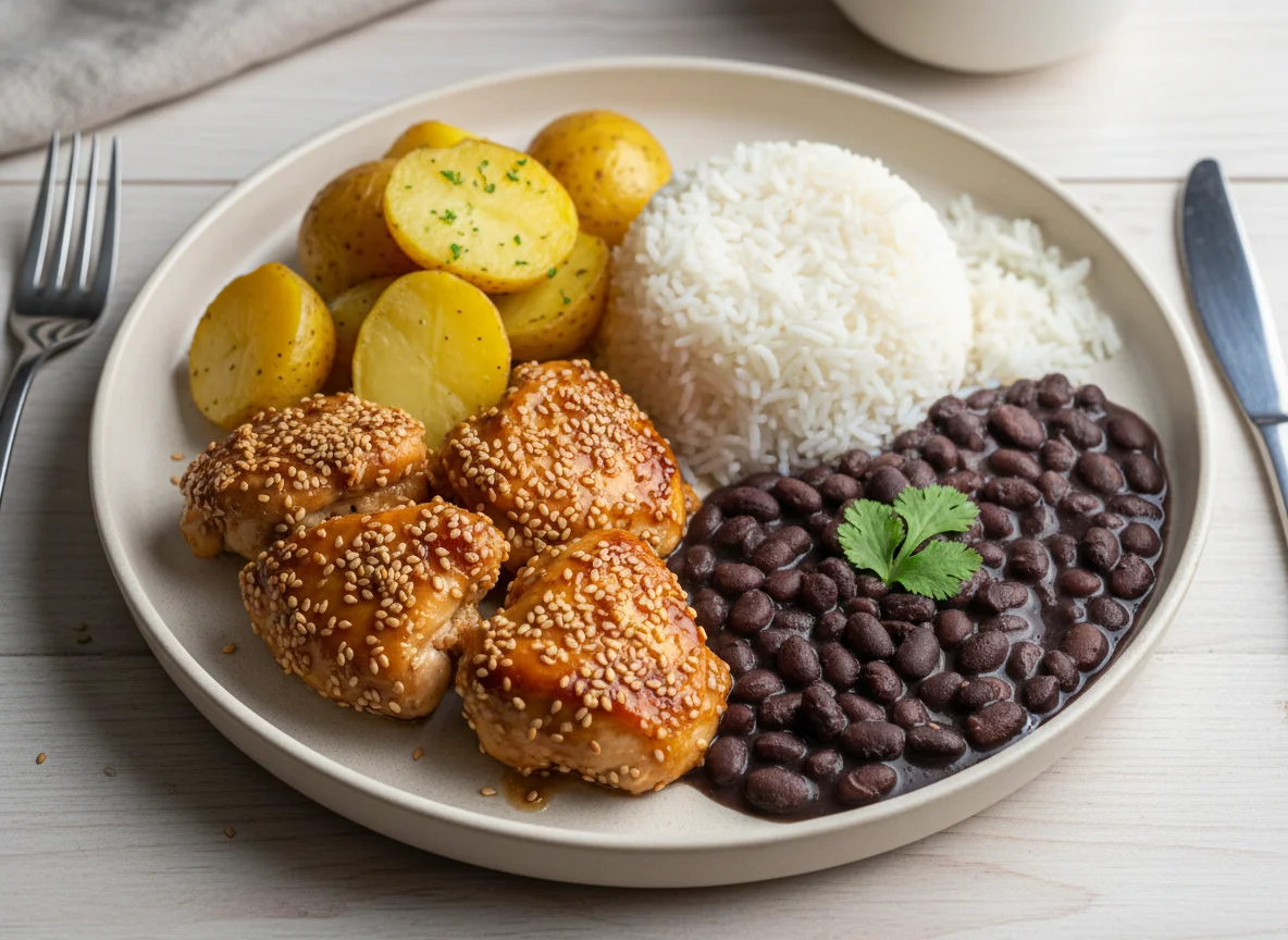Frango com gergelim, batata assada, arroz e feijão photo