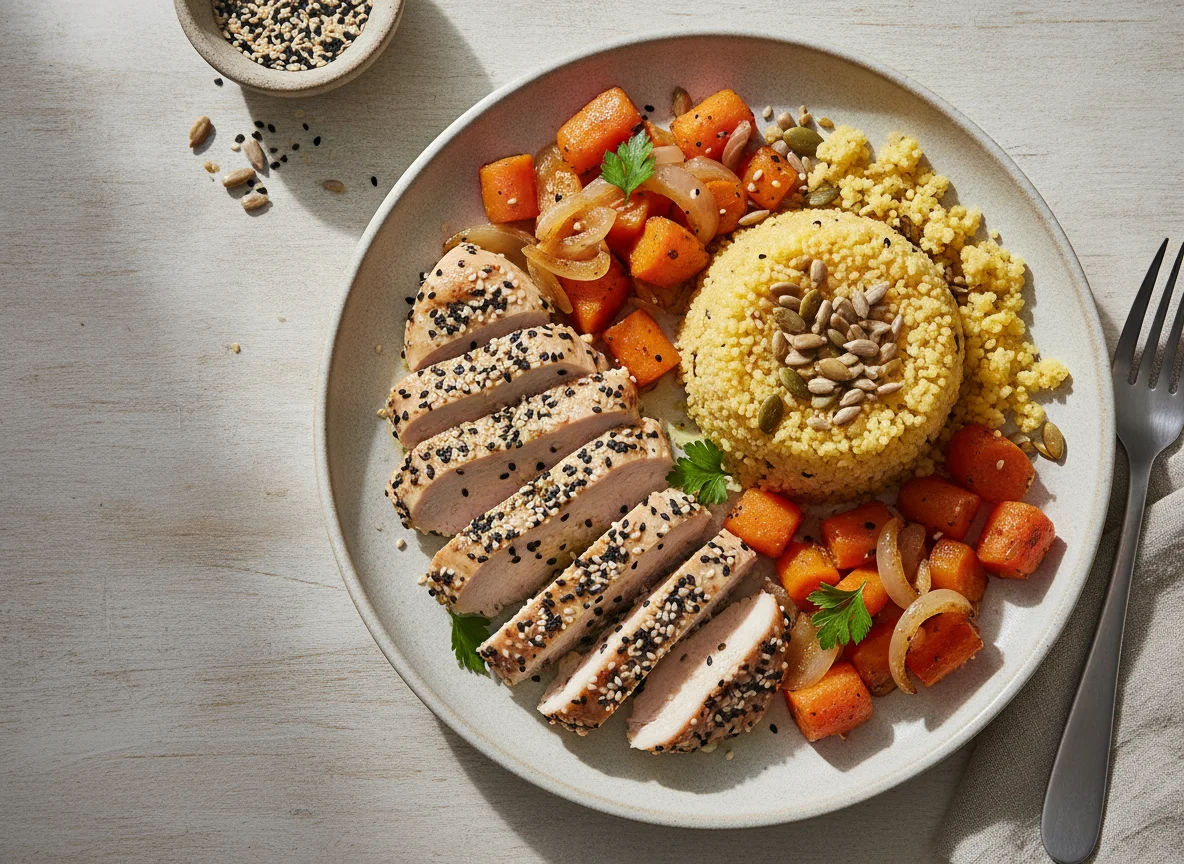Frango com gergelim, legumes e cuscuz de milho photo