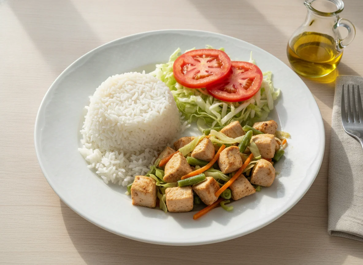 Frango com legumes, arroz branco e salada photo