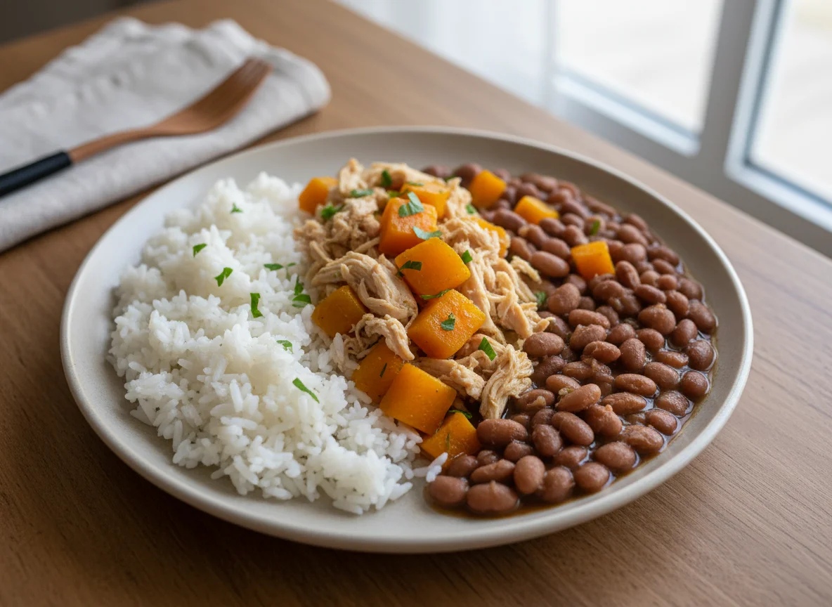 Frango com legumes, arroz e feijão photo