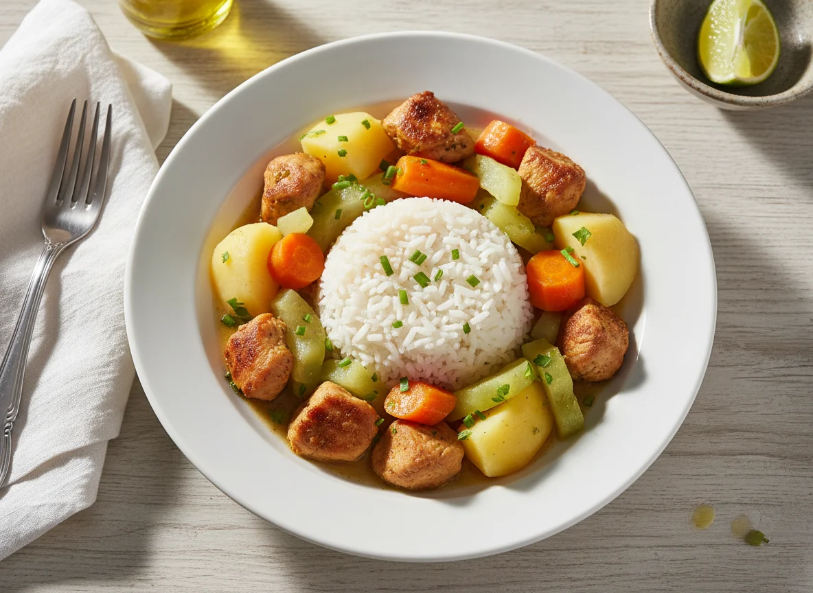 Frango com legumes e arroz photo
