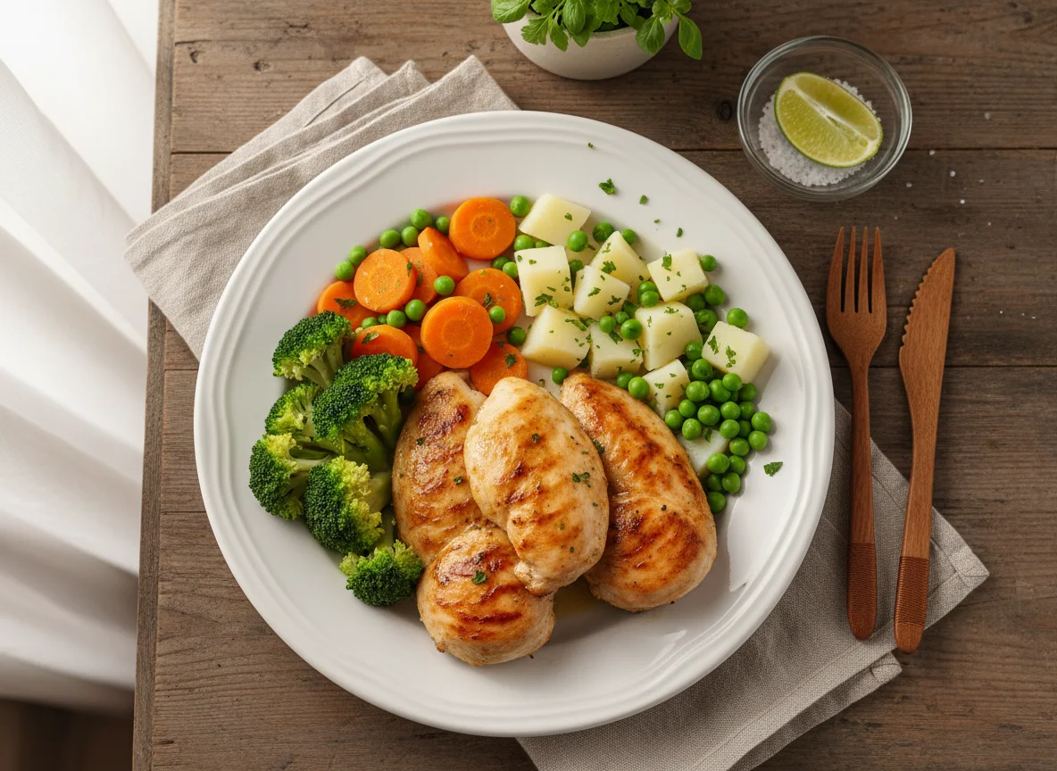 Frango com legumes e batatas photo